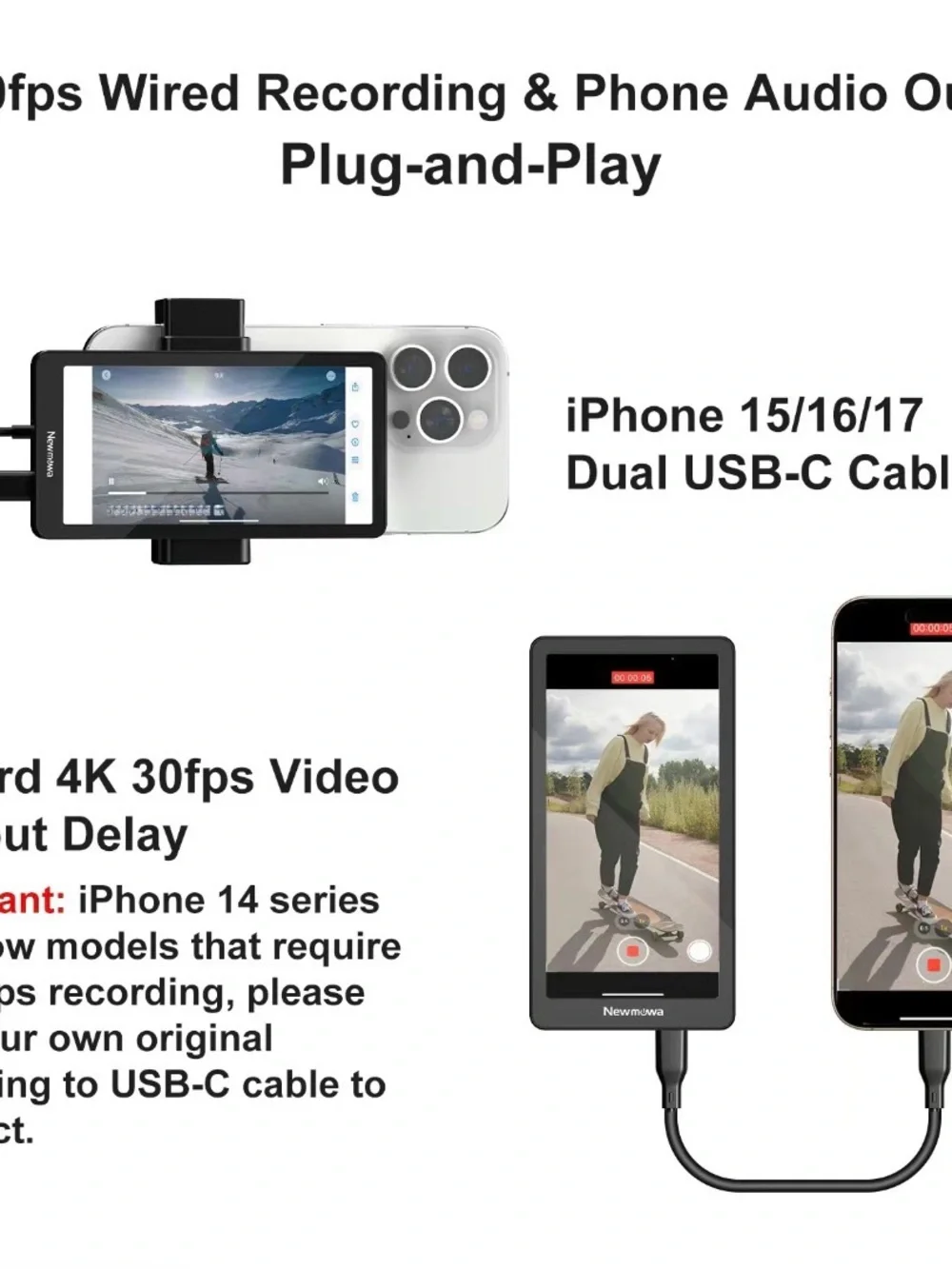 Vlog Selfie Monitor Screen For iPhone, Samsung 4k 30fps Wired Recording Magnetic
